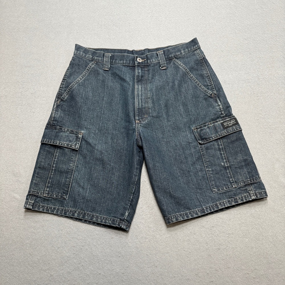 Wrangler Cargo Shorts Men's 32 Blue Denim Dark Wash Relaxed Fit Grunge Utility